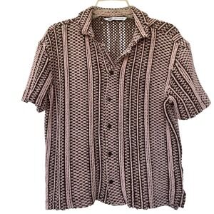 Zara Crochet Knit Womens Top Pink Brown Button Up Short Sleeve Resort Casual S